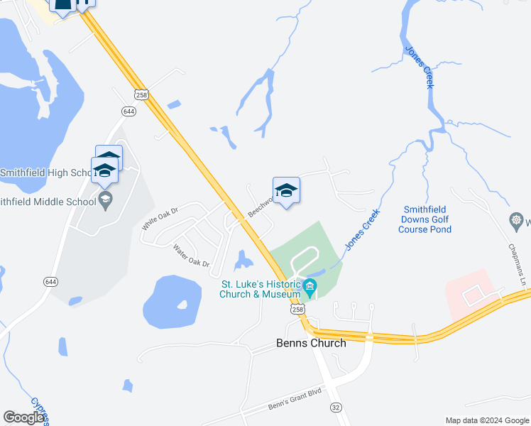 map of restaurants, bars, coffee shops, grocery stores, and more near 14311 Benns Church Boulevard in Smithfield