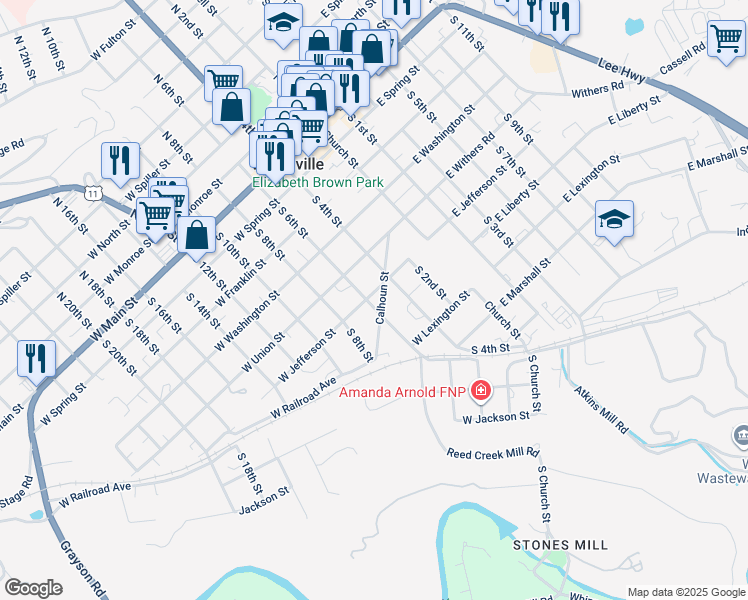 map of restaurants, bars, coffee shops, grocery stores, and more near 601-651 South 6th Street in Wytheville