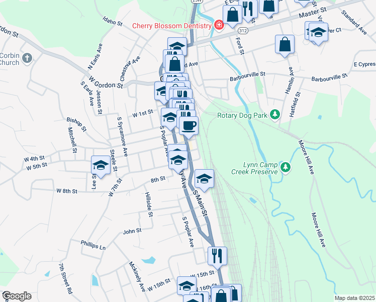 map of restaurants, bars, coffee shops, grocery stores, and more near 601 South Kentucky Avenue in Corbin