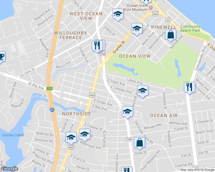 map of restaurants, bars, coffee shops, grocery stores, and more near 148 East Lorengo Avenue in Norfolk