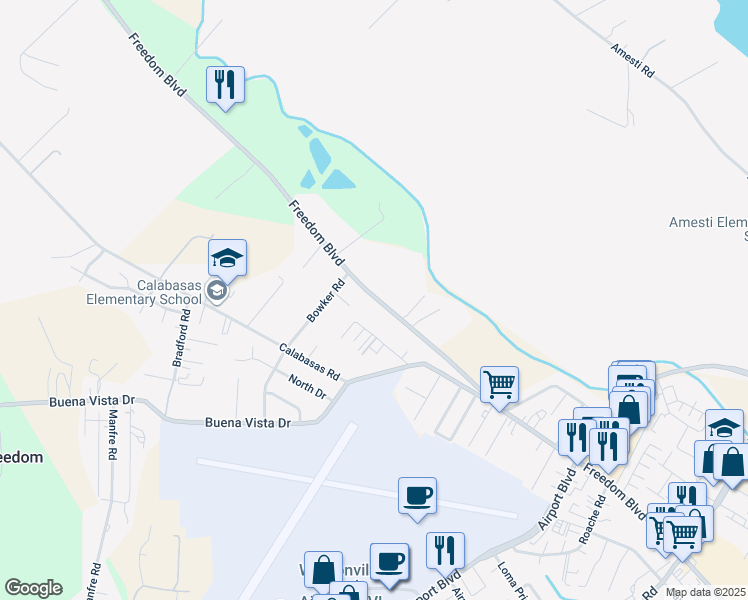 map of restaurants, bars, coffee shops, grocery stores, and more near 2305 Freedom Boulevard in Watsonville