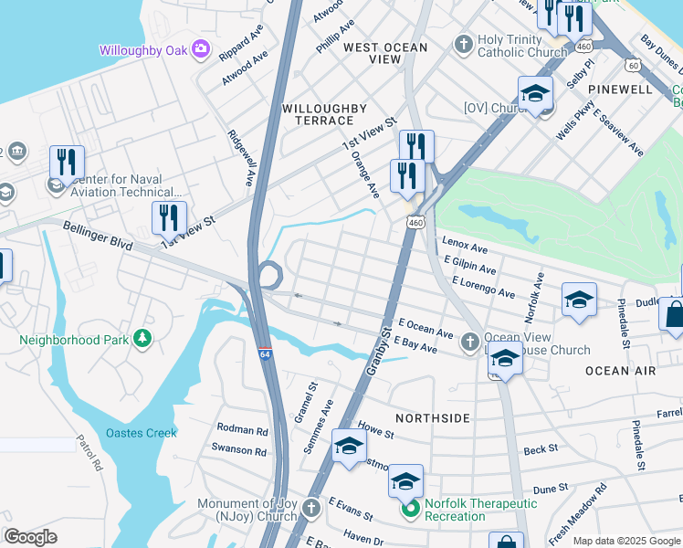 map of restaurants, bars, coffee shops, grocery stores, and more near 153 West Randall Avenue in Norfolk