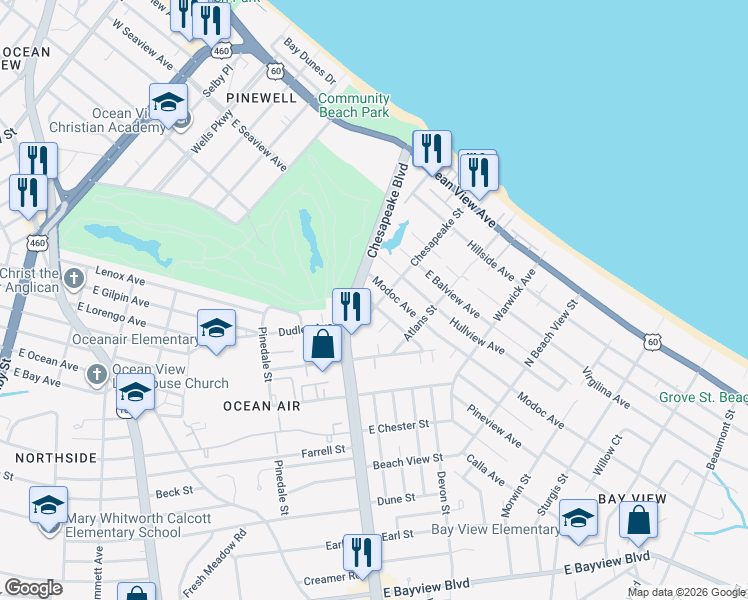 map of restaurants, bars, coffee shops, grocery stores, and more near 911 Apex Street in Norfolk