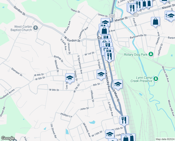 map of restaurants, bars, coffee shops, grocery stores, and more near 408 West 5th Street in Corbin