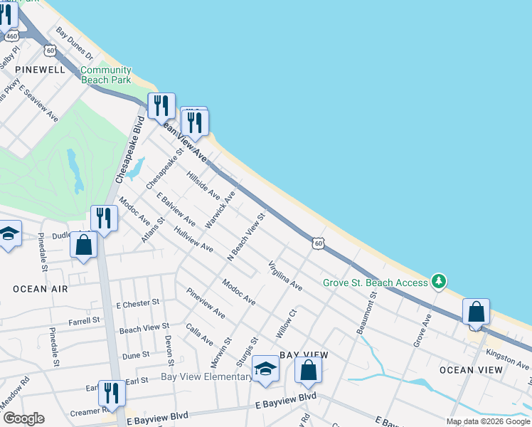 map of restaurants, bars, coffee shops, grocery stores, and more near 9626 North Beach View Street in Norfolk