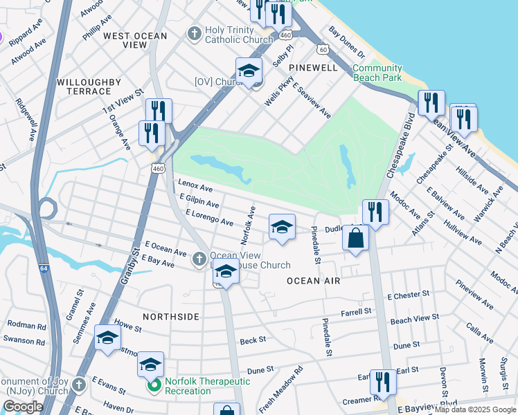 map of restaurants, bars, coffee shops, grocery stores, and more near 412 East Gilpin Avenue in Norfolk