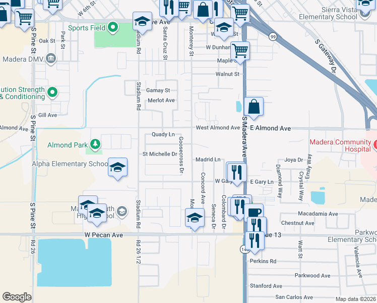 map of restaurants, bars, coffee shops, grocery stores, and more near 988 Monterey Street in Madera