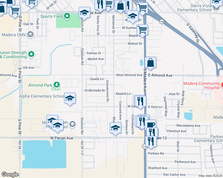 map of restaurants, bars, coffee shops, grocery stores, and more near 988 Monterey Street in Madera