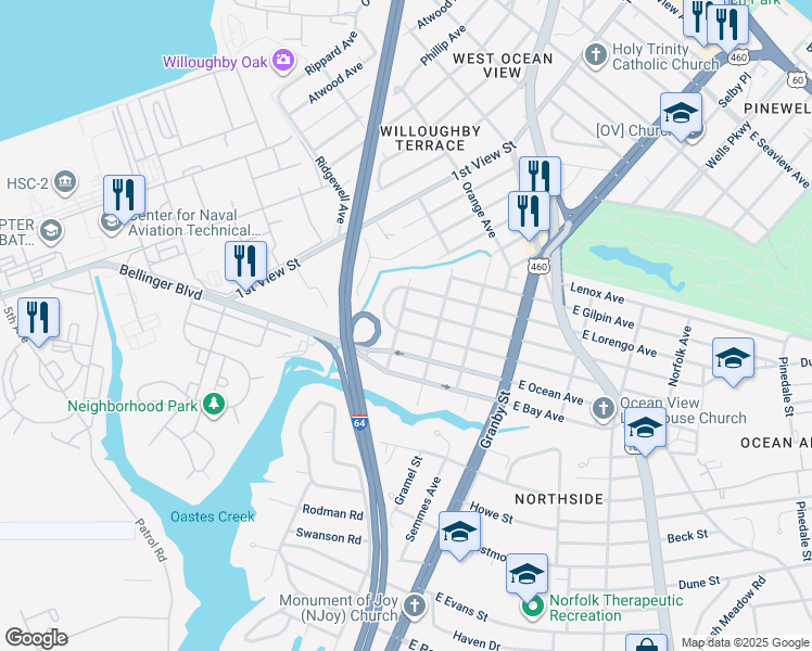 map of restaurants, bars, coffee shops, grocery stores, and more near 192 West Leicester Avenue in Norfolk