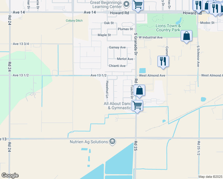 map of restaurants, bars, coffee shops, grocery stores, and more near 1167 Hazelnut Lane in Madera