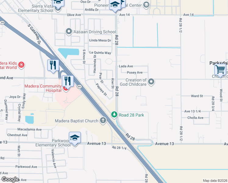 map of restaurants, bars, coffee shops, grocery stores, and more near 933 Kiwi Street in Madera