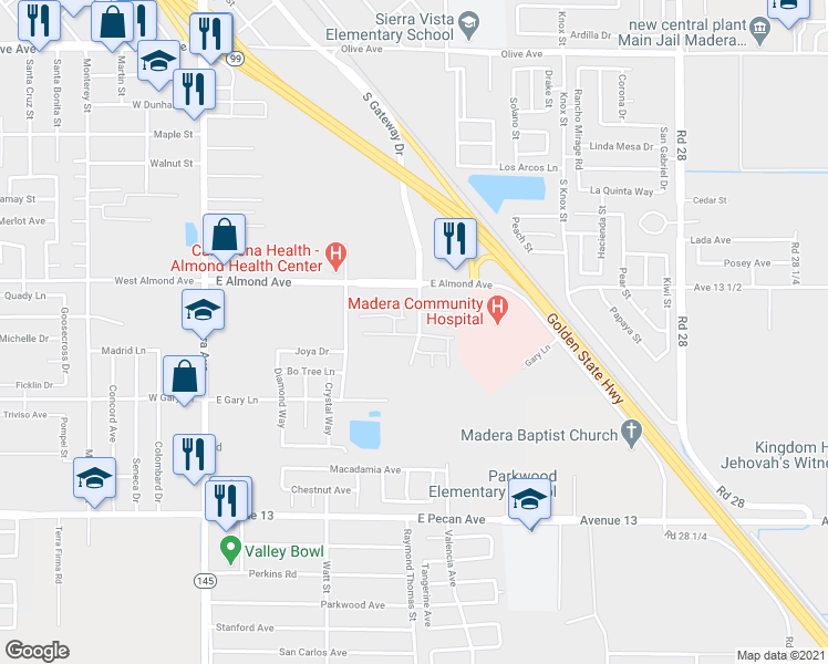 map of restaurants, bars, coffee shops, grocery stores, and more near 950 Barnett Way in Madera