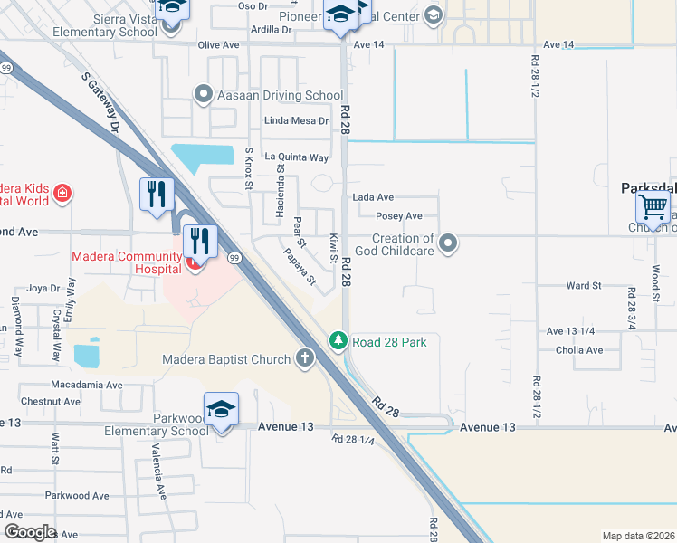 map of restaurants, bars, coffee shops, grocery stores, and more near 933 Kiwi Street in Madera