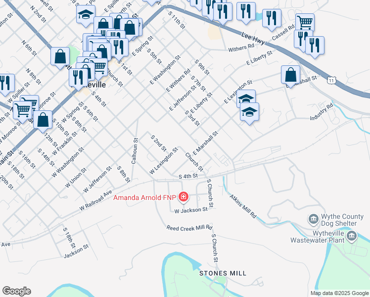 map of restaurants, bars, coffee shops, grocery stores, and more near 821-899 Church Street in Wytheville