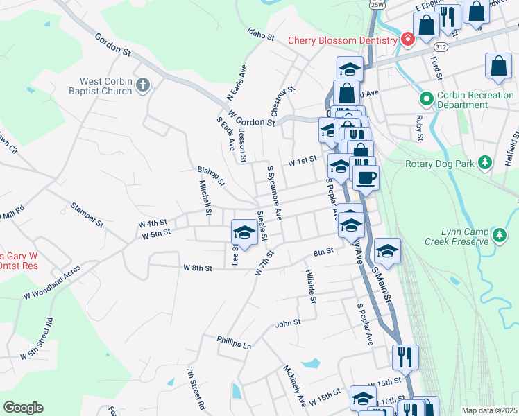 map of restaurants, bars, coffee shops, grocery stores, and more near 402 Steele Street in Corbin