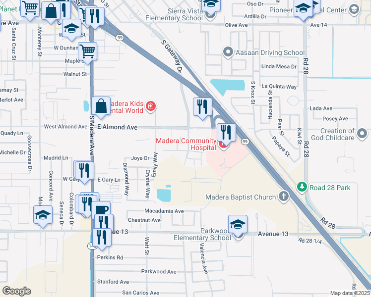 map of restaurants, bars, coffee shops, grocery stores, and more near 950 Barnett Way in Madera