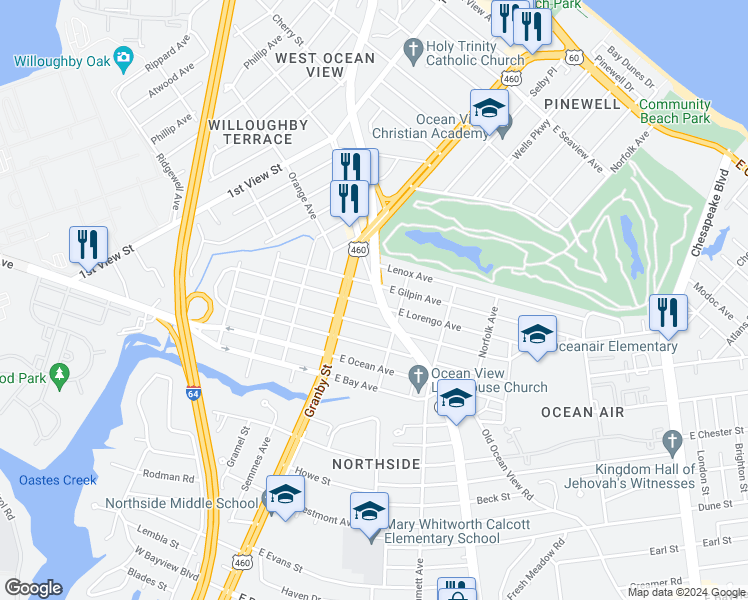 map of restaurants, bars, coffee shops, grocery stores, and more near 124 East Lorengo Avenue in Norfolk