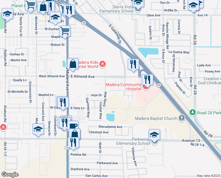 map of restaurants, bars, coffee shops, grocery stores, and more near Unnamed Road in Madera