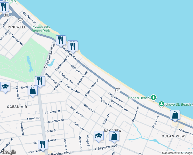 map of restaurants, bars, coffee shops, grocery stores, and more near 1243 East Ocean View Avenue in Norfolk