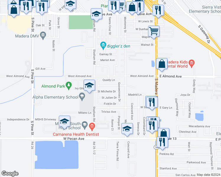 map of restaurants, bars, coffee shops, grocery stores, and more near 596 Saint Montelena Drive in Madera