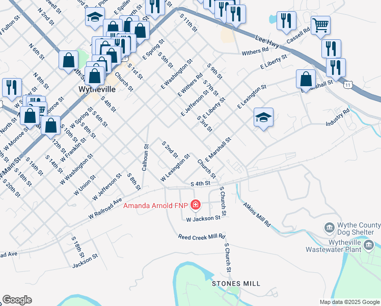 map of restaurants, bars, coffee shops, grocery stores, and more near 821 Church Street in Wytheville