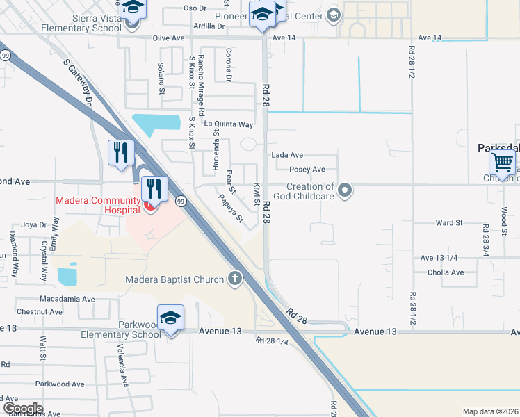 map of restaurants, bars, coffee shops, grocery stores, and more near 933 Kiwi Street in Madera