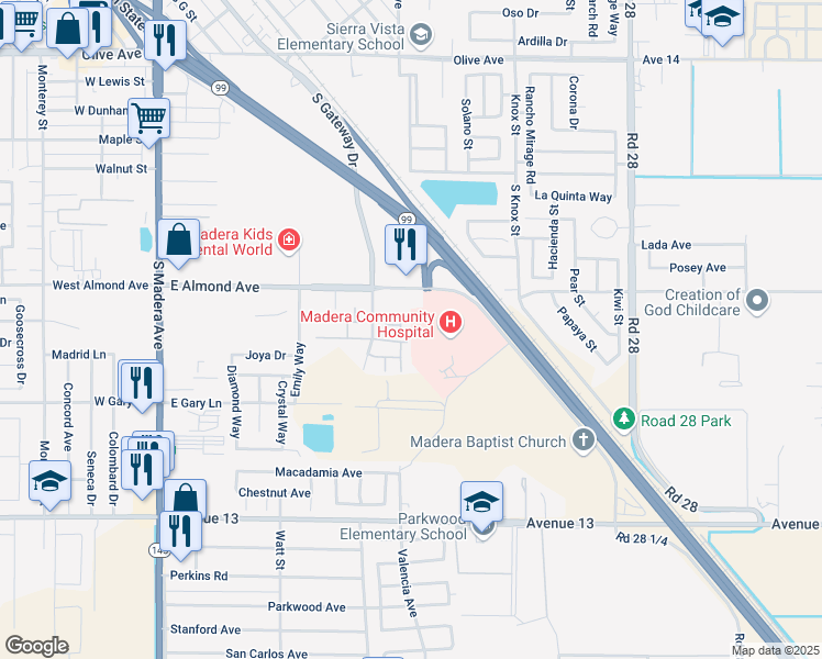 map of restaurants, bars, coffee shops, grocery stores, and more near 1025 Barnett Way in Madera