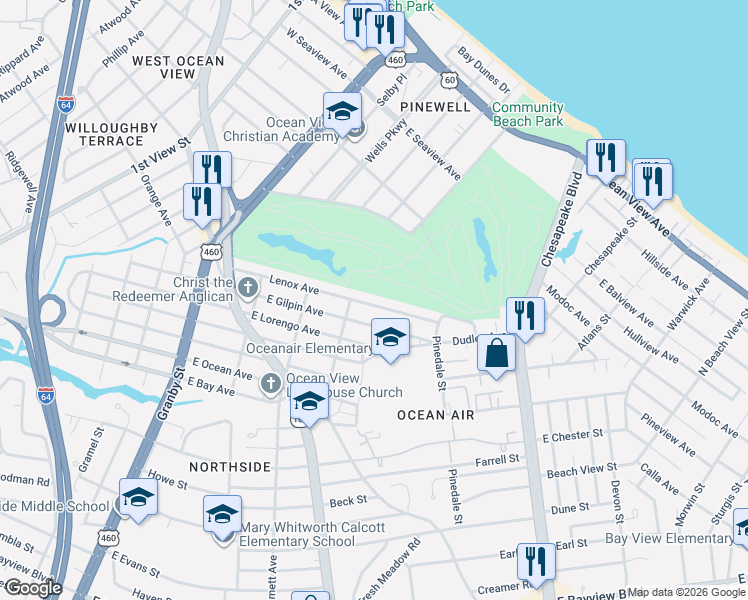 map of restaurants, bars, coffee shops, grocery stores, and more near in Norfolk