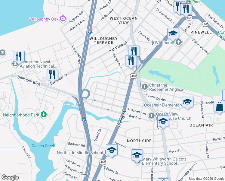map of restaurants, bars, coffee shops, grocery stores, and more near 130 West Leicester Avenue in Norfolk