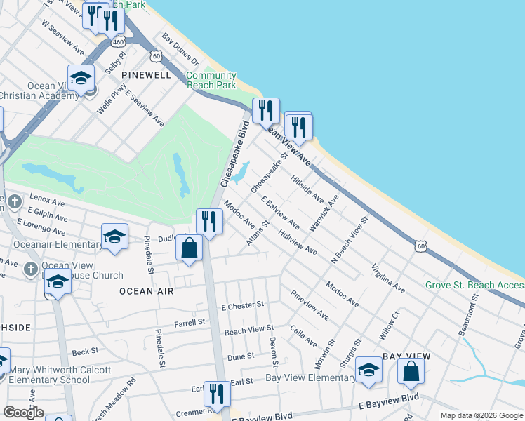 map of restaurants, bars, coffee shops, grocery stores, and more near 9430 Atlans Street in Norfolk