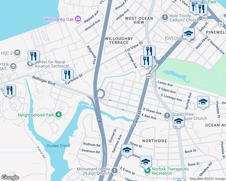 map of restaurants, bars, coffee shops, grocery stores, and more near 195 West Leicester Avenue in Norfolk