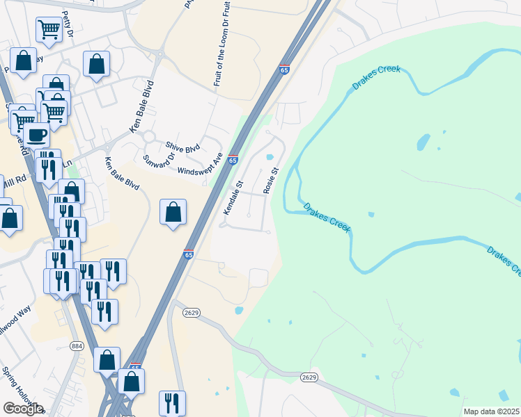 map of restaurants, bars, coffee shops, grocery stores, and more near 104 Rosie Court in Bowling Green