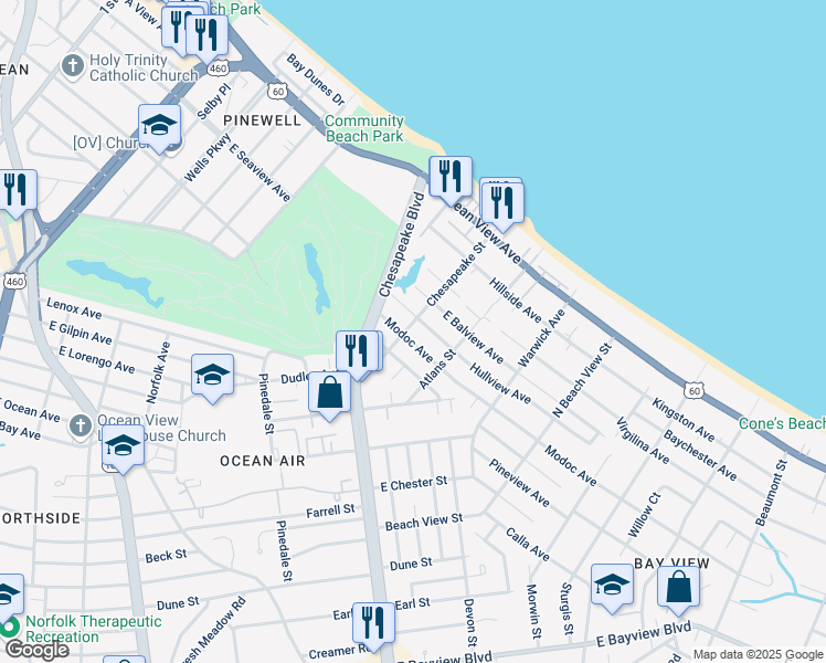 map of restaurants, bars, coffee shops, grocery stores, and more near 938 Hullview Avenue in Norfolk