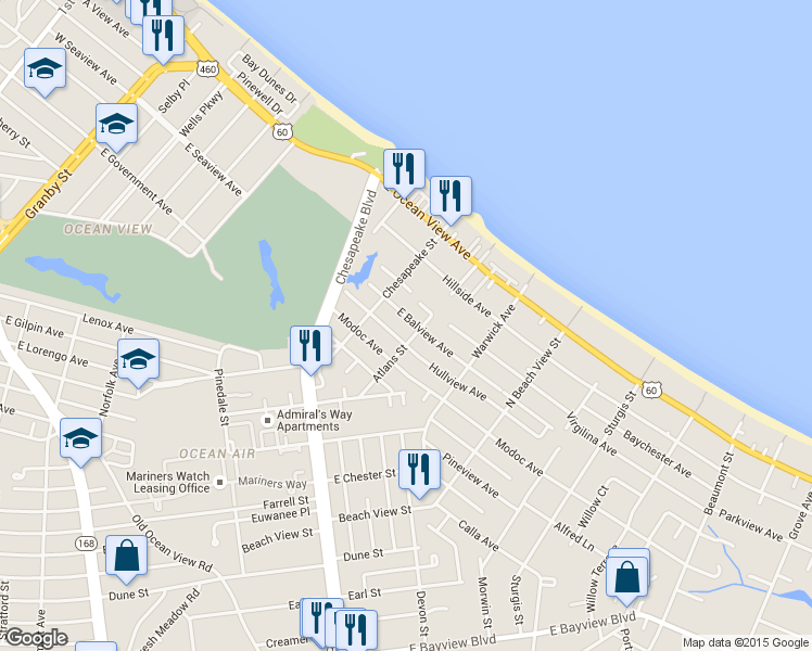 map of restaurants, bars, coffee shops, grocery stores, and more near 1012 East Balview Avenue in Norfolk