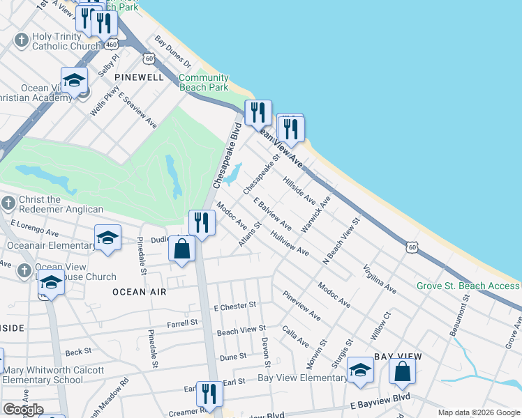 map of restaurants, bars, coffee shops, grocery stores, and more near 1012 East Balview Avenue in Norfolk