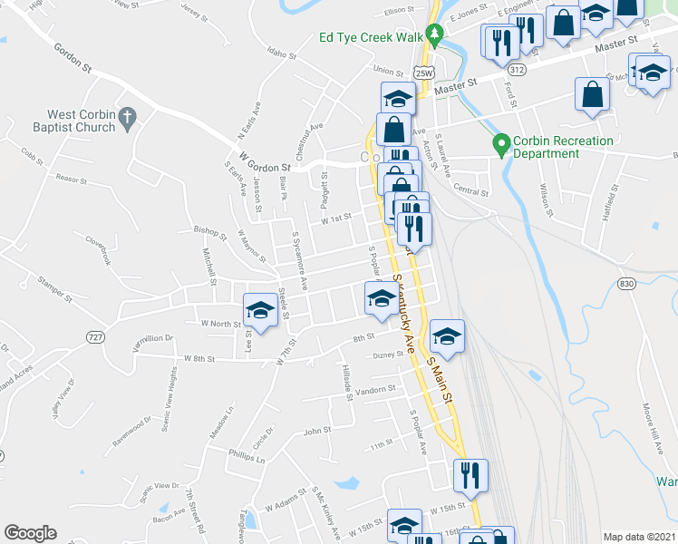 map of restaurants, bars, coffee shops, grocery stores, and more near 407 West 4th Street in Corbin