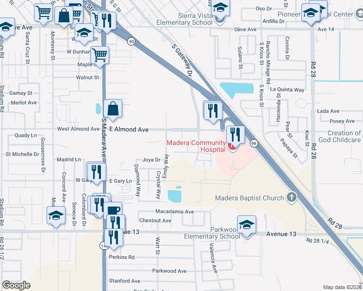 map of restaurants, bars, coffee shops, grocery stores, and more near 720 East Almond Avenue in Madera