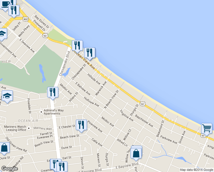 map of restaurants, bars, coffee shops, grocery stores, and more near in Norfolk