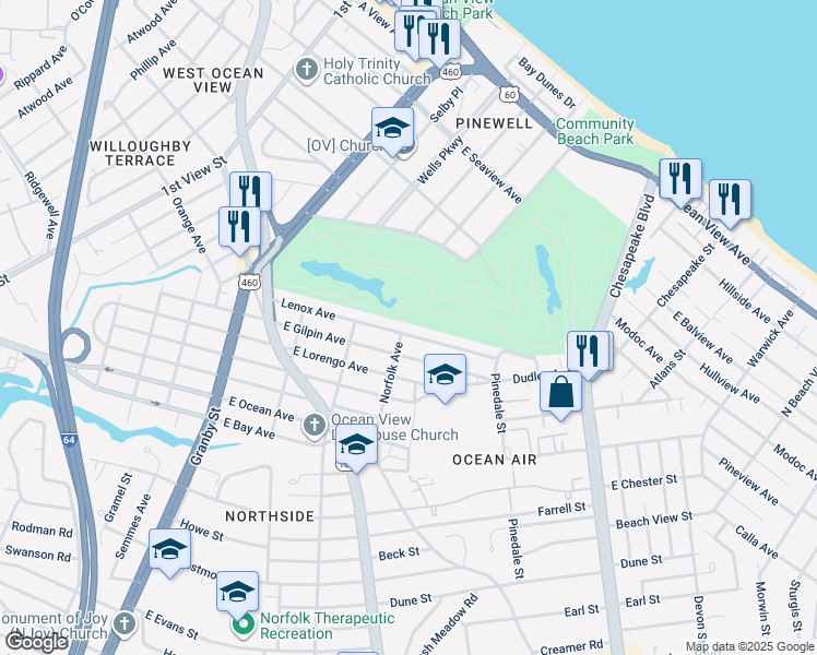 map of restaurants, bars, coffee shops, grocery stores, and more near 400 Lenox Avenue in Norfolk