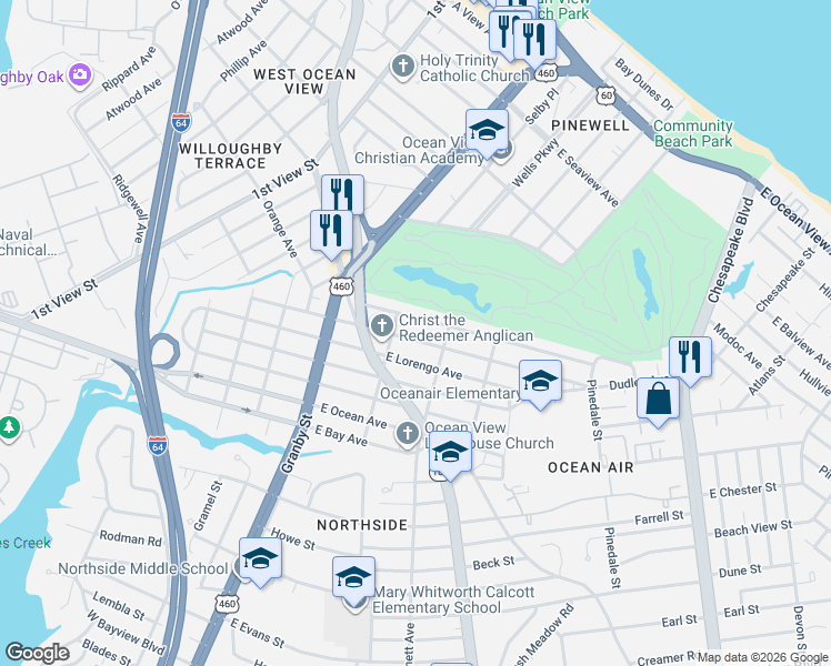 map of restaurants, bars, coffee shops, grocery stores, and more near 226 Lenox Avenue in Norfolk