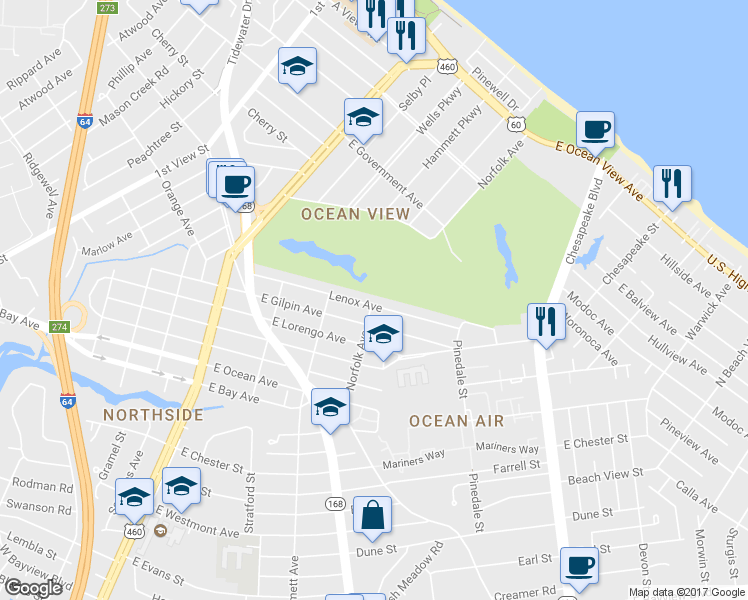 map of restaurants, bars, coffee shops, grocery stores, and more near 400 Lenox Avenue in Norfolk