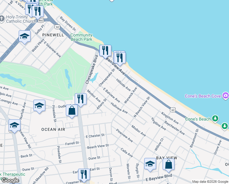 map of restaurants, bars, coffee shops, grocery stores, and more near 9528 Atlans Street in Norfolk