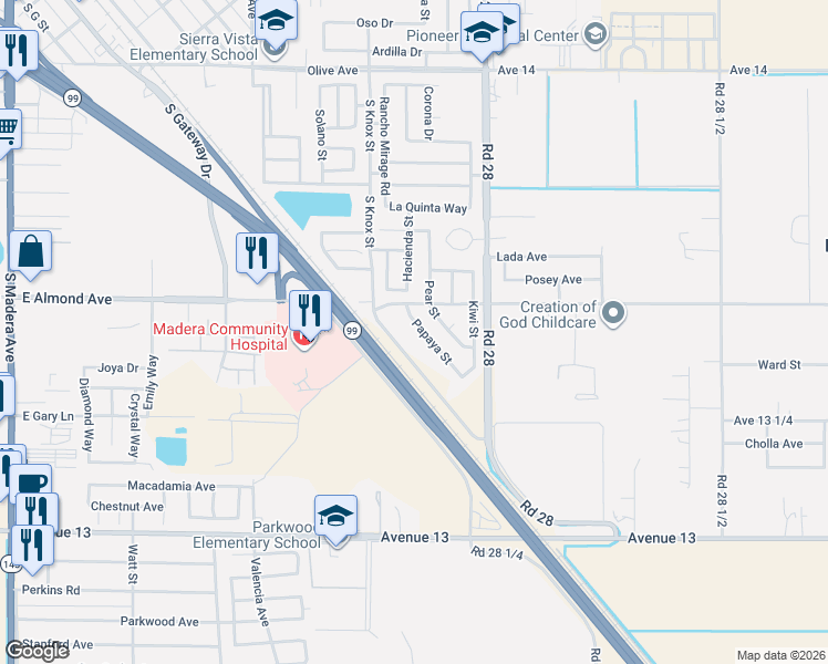 map of restaurants, bars, coffee shops, grocery stores, and more near 817 Papaya Street in Madera