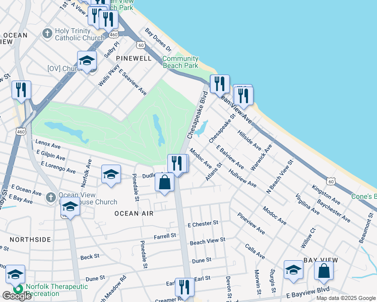 map of restaurants, bars, coffee shops, grocery stores, and more near 918 Modoc Avenue in Norfolk
