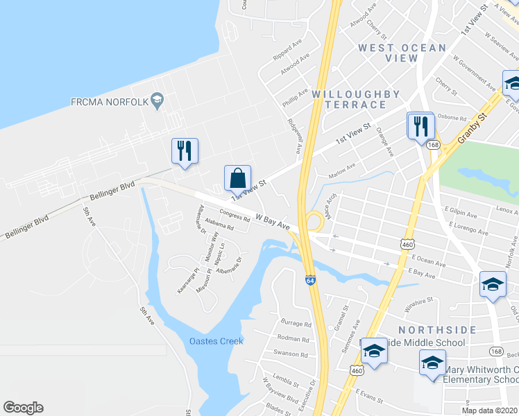 map of restaurants, bars, coffee shops, grocery stores, and more near 9052 1st View Street in Norfolk