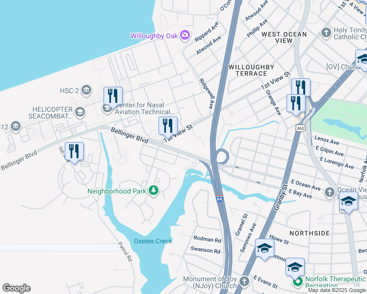 map of restaurants, bars, coffee shops, grocery stores, and more near 272 West Bay Avenue in Norfolk