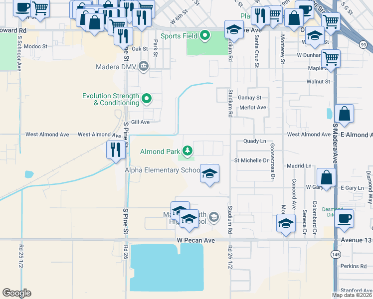 map of restaurants, bars, coffee shops, grocery stores, and more near 885 Rubicon Avenue in Madera