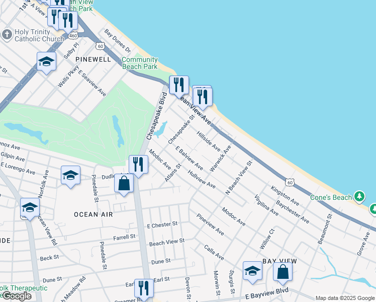 map of restaurants, bars, coffee shops, grocery stores, and more near 9603 Atlans Street in Norfolk