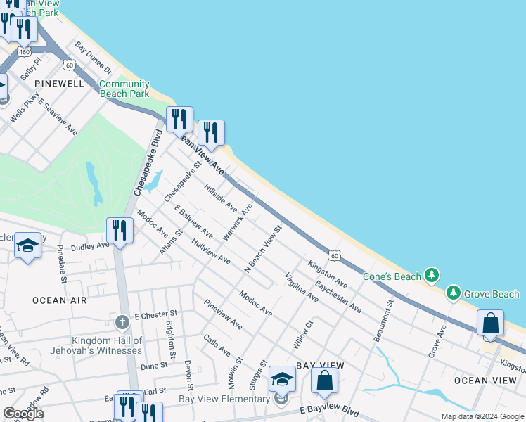 map of restaurants, bars, coffee shops, grocery stores, and more near in Norfolk