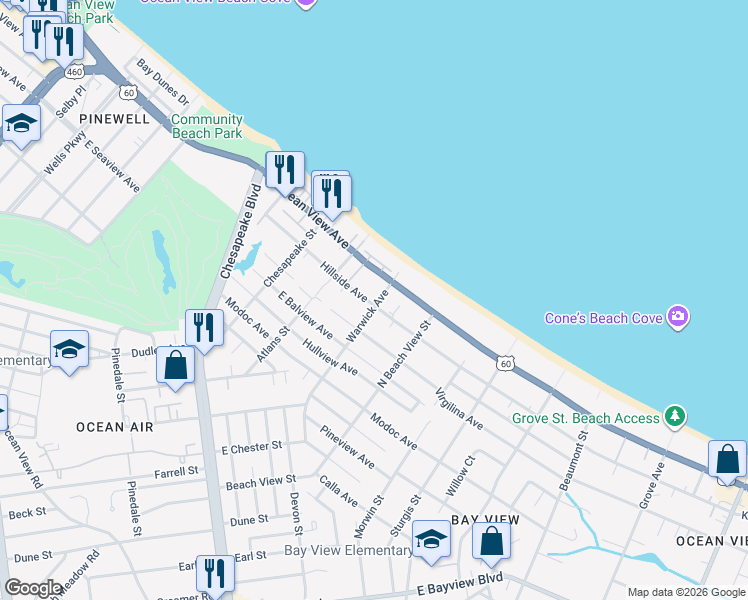 map of restaurants, bars, coffee shops, grocery stores, and more near in Norfolk